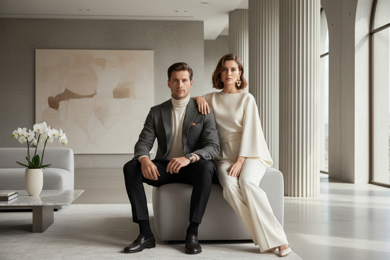 Design a fashion photo for men and woman sitting for my store website to attract customers with aesthetic background 